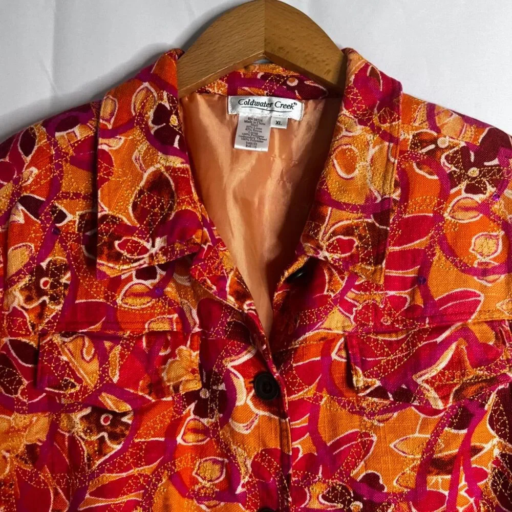 Coldwater Creek Linen‎ Blend Orange Abstract Embroidered Blazer Jacket Size XL - Picture 3 of 10